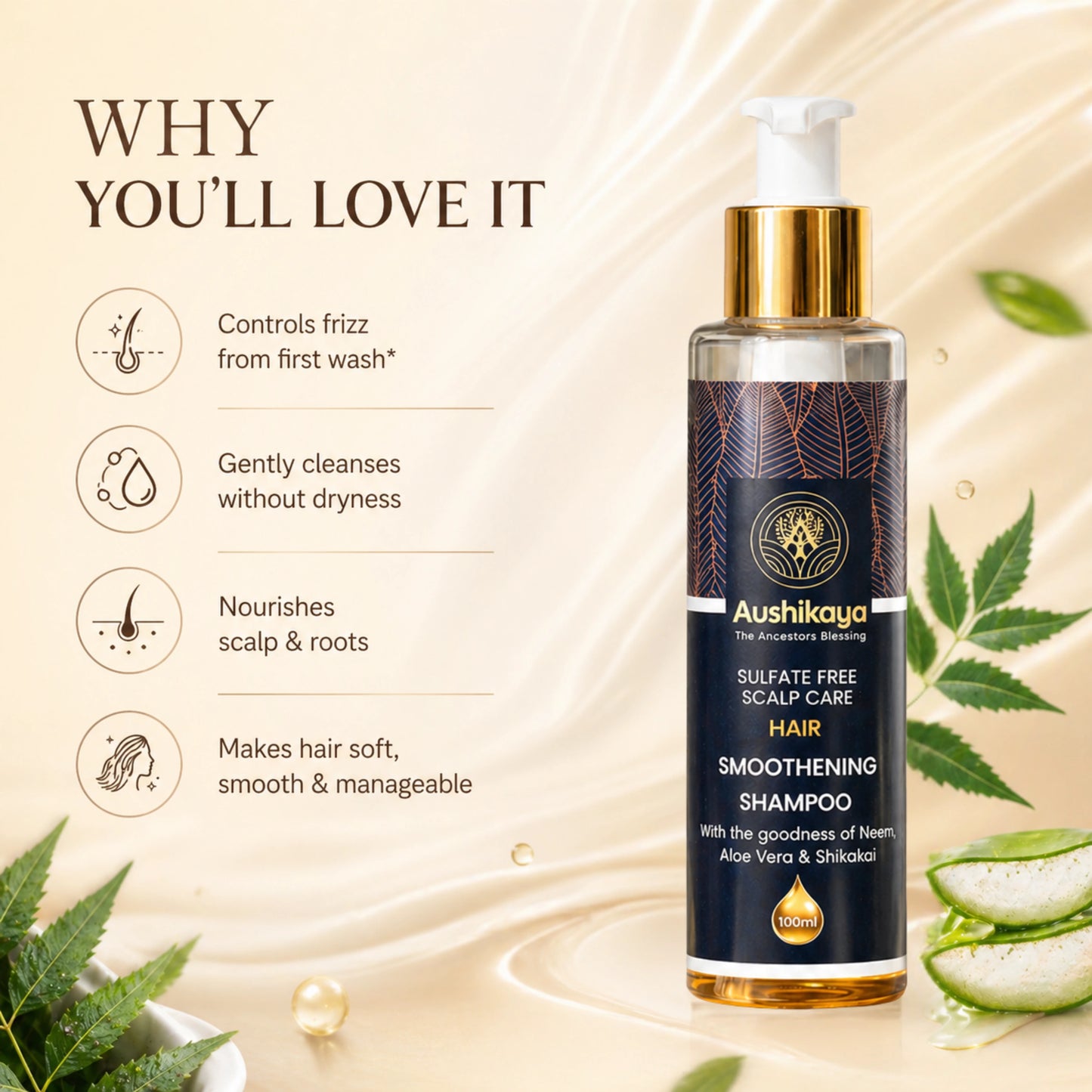 Hair Smoothening Shampoo for Dry & Frizzy Hair | Ayurvedic Herbal Cleanser with Reetha, Shikakai & Amla | Sulfate & Paraben Free | 100ml