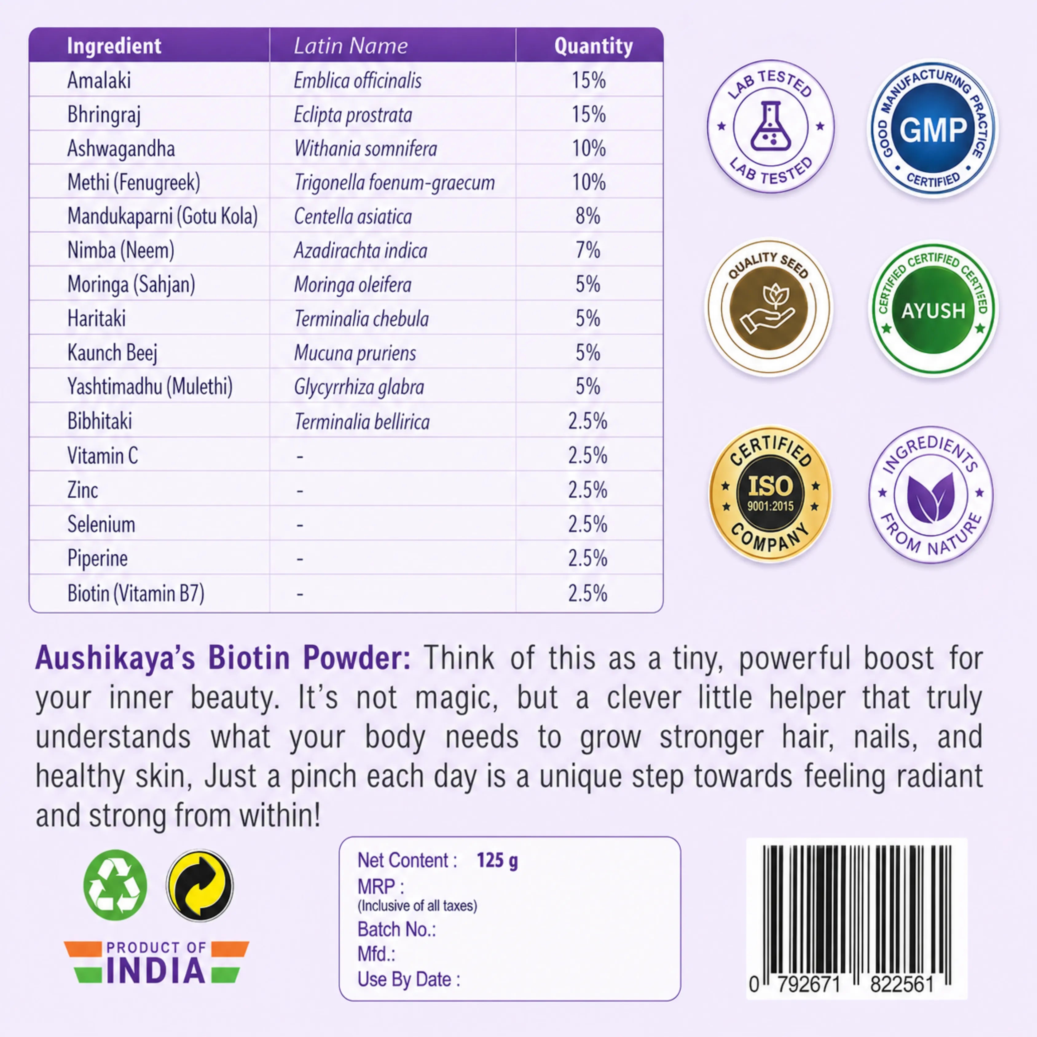 Biotin Powder 125g | With Amla, Bhringraj, Ashwagandha & Herbs | Supports Hair Growth, Stronger & Thicker Hair | For Adults