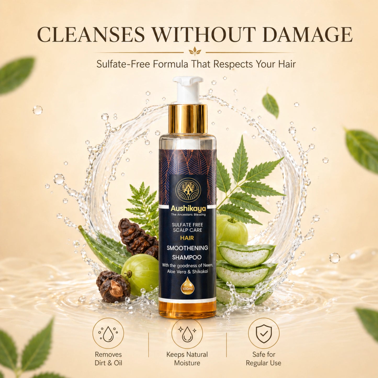 Hair Smoothening Shampoo for Dry & Frizzy Hair | Ayurvedic Herbal Cleanser with Reetha, Shikakai & Amla | Sulfate & Paraben Free | 100ml
