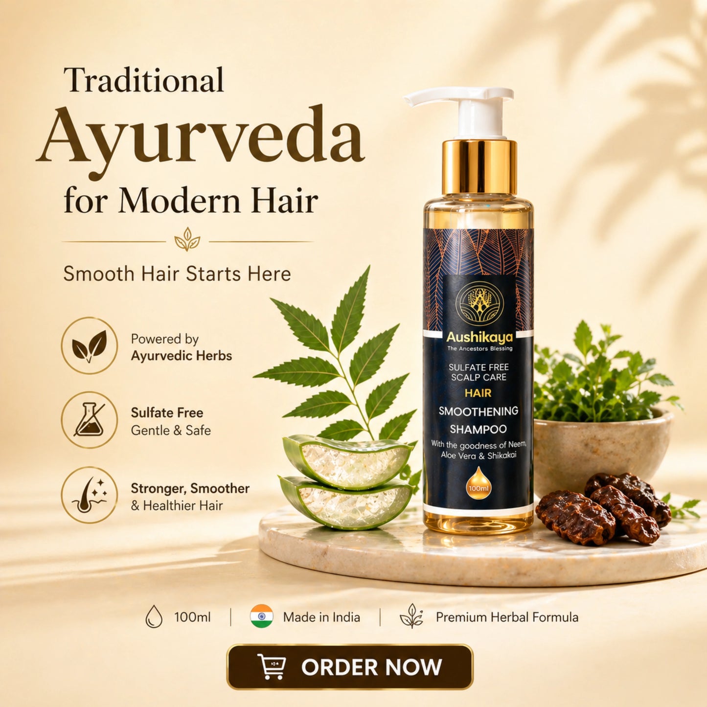 Hair Smoothening Shampoo for Dry & Frizzy Hair | Ayurvedic Herbal Cleanser with Reetha, Shikakai & Amla | Sulfate & Paraben Free | 100ml