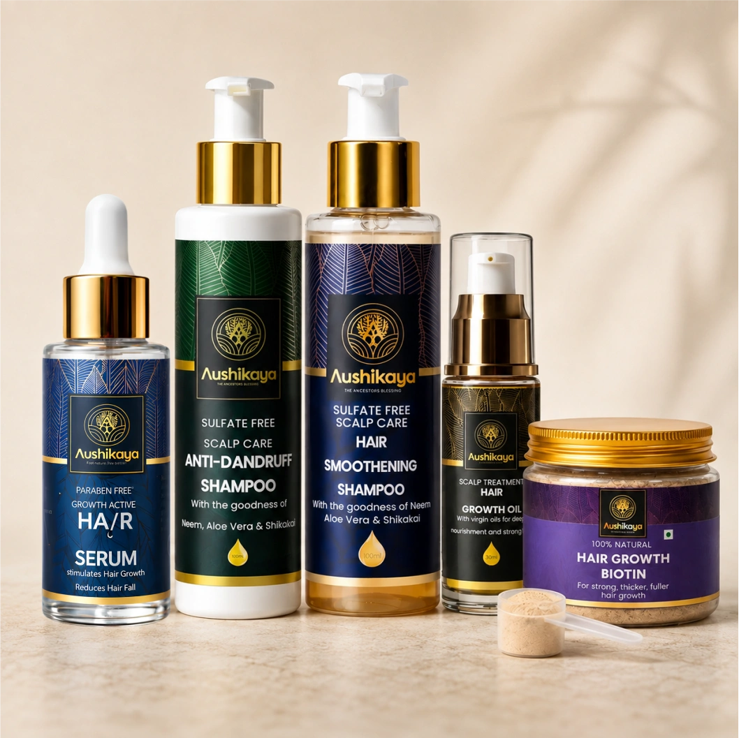 Aushikaya 5-in-1 Ayurvedic Hair Care Combo | Hair Growth Oil, Hair Growth Serum, Anti-Dandruff Shampoo, Hair Smoothening Shampoo & Biotin Powder | Complete Hair Care Kit for Men & Women