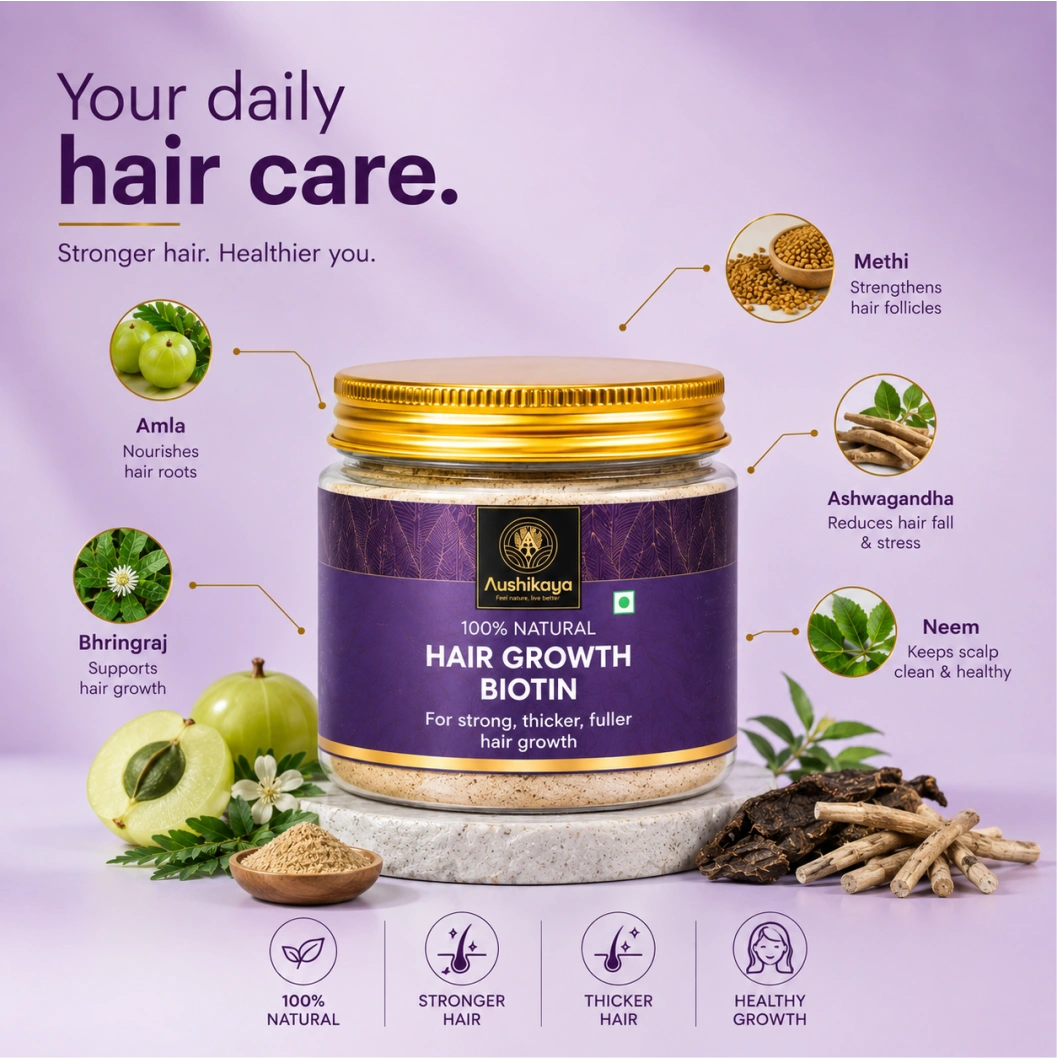 Aushikaya 3-in-1 Ayurvedic Hair Care Combo | Biotin Powder, Hair Serum & Anti-Dandruff Shampoo | Hair Growth & Scalp Care Kit for Men & Women