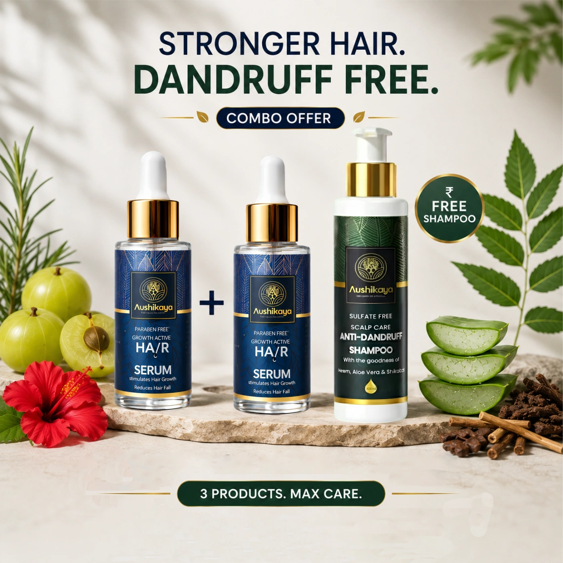 Aushikaya Buy 2 Get 1 Free Combo | 2 Hair Growth Serums + 1 Anti-Dandruff Shampoo Free | Ayurvedic Frizz Control Kit for Men & Women