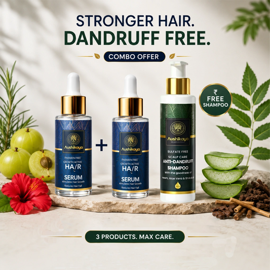 Aushikaya Buy 2 Get 1 Free Combo | 2 Hair Growth Serums + 1 Anti-Dandruff Shampoo Free | Ayurvedic Frizz Control Kit for Men & Women